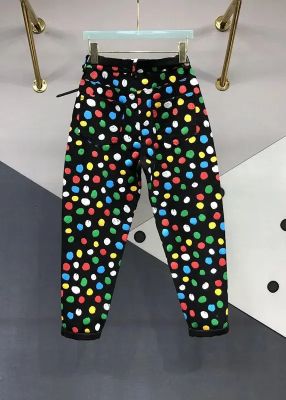 French Black Pockets Multi Dot Print Patchwork Denim Pants Fall ML0793