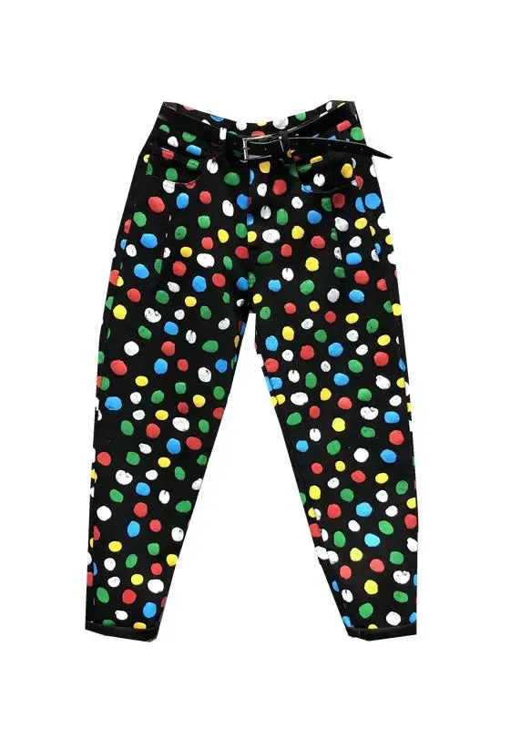 French Black Pockets Multi Dot Print Patchwork Denim Pants Fall ML0793
