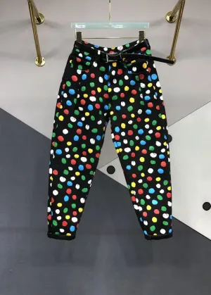 French Black Pockets Multi Dot Print Patchwork Denim Pants Fall ML0793