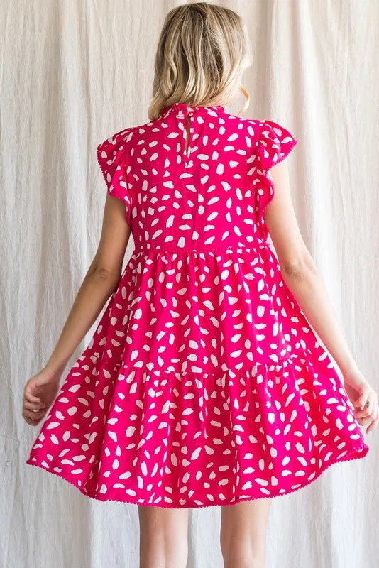 Hot Pink Print Ruffled Shoulder Dress