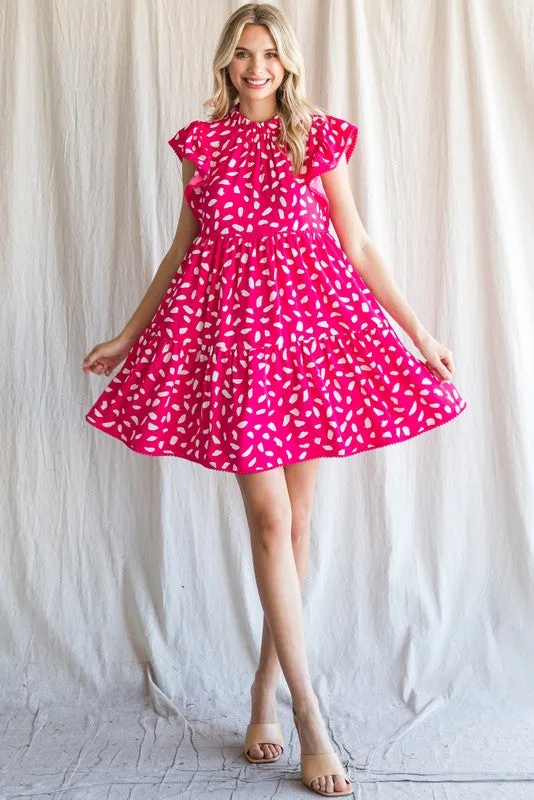 Hot Pink Print Ruffled Shoulder Dress