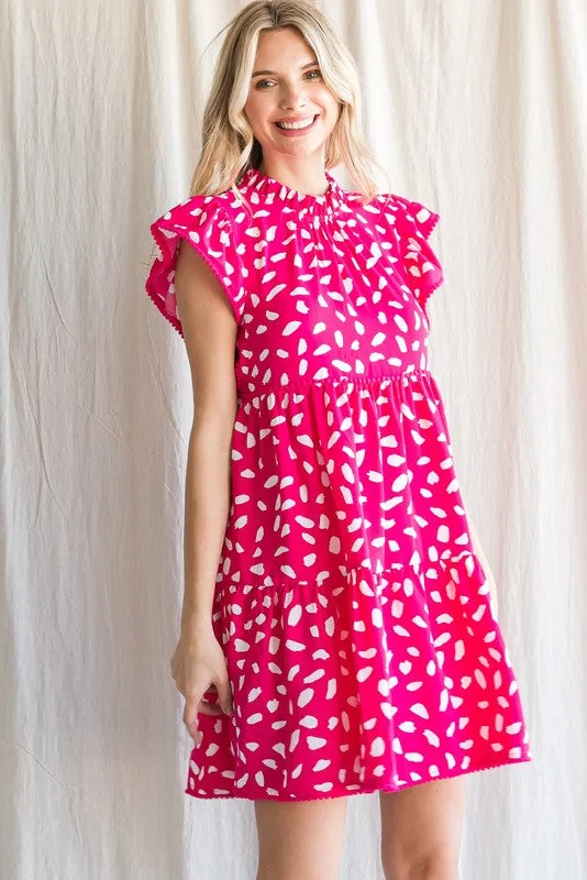 Hot Pink Print Ruffled Shoulder Dress