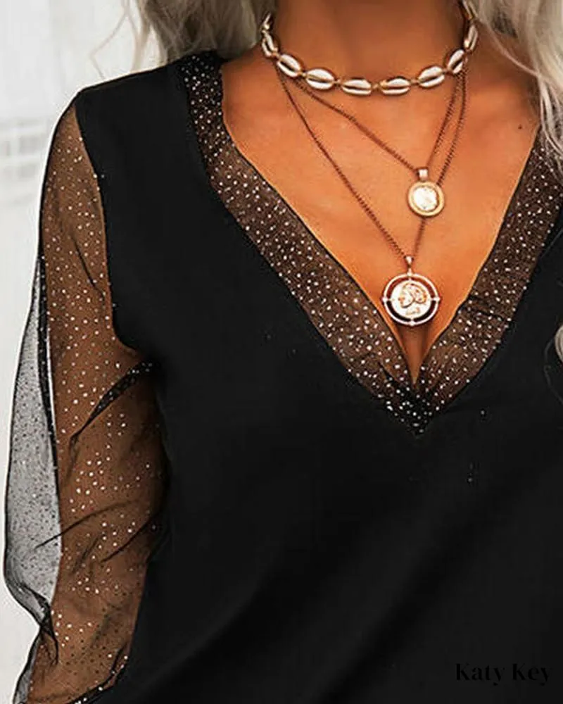 KatyKey - Chic and Sleek Contrast Mesh Long Sleeve Top