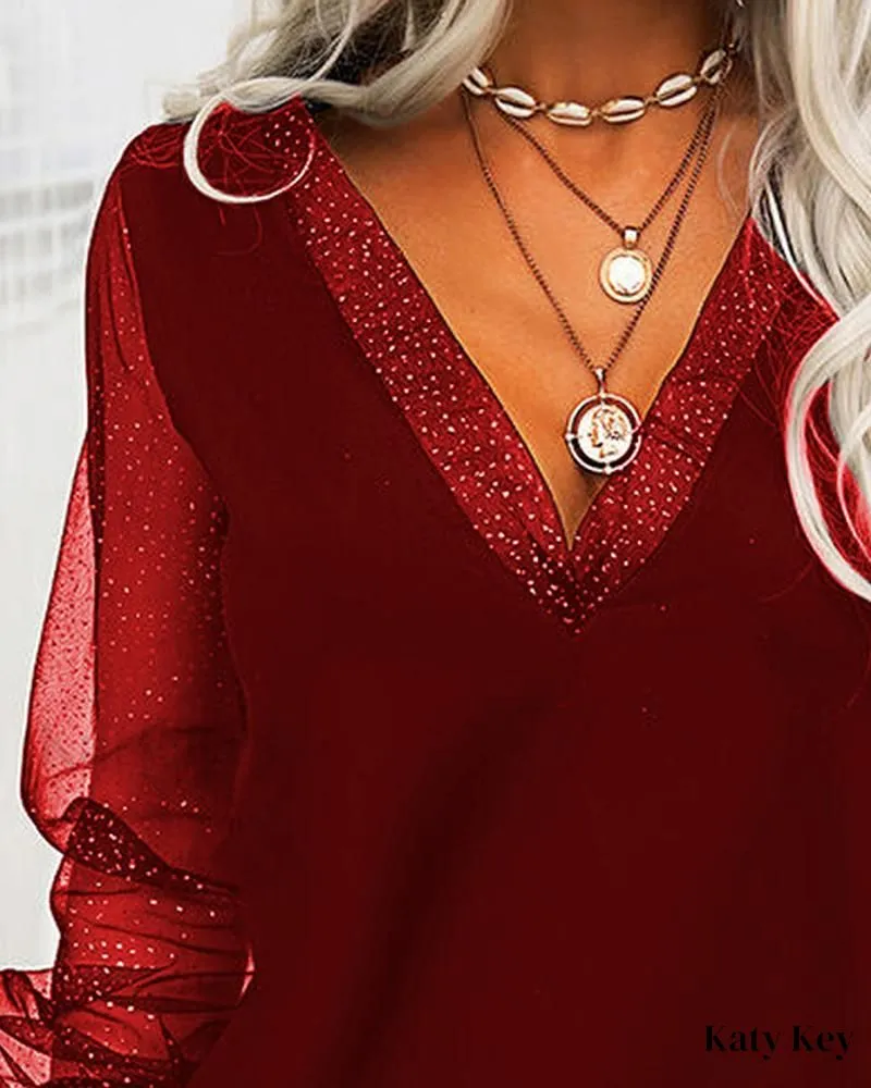 KatyKey - Chic and Sleek Contrast Mesh Long Sleeve Top