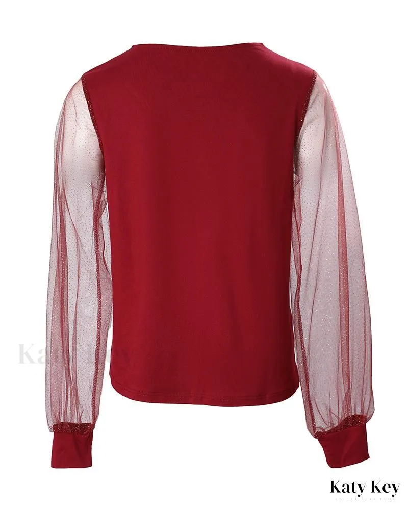 KatyKey - Chic and Sleek Contrast Mesh Long Sleeve Top
