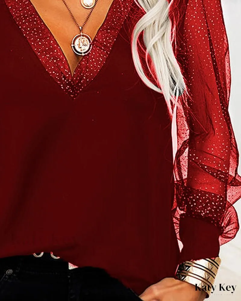 KatyKey - Chic and Sleek Contrast Mesh Long Sleeve Top
