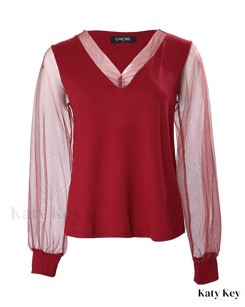 KatyKey - Chic and Sleek Contrast Mesh Long Sleeve Top