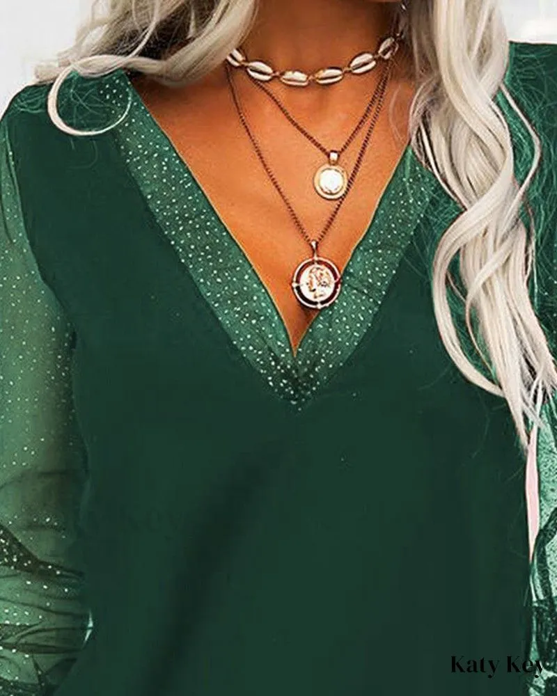 KatyKey - Chic and Sleek Contrast Mesh Long Sleeve Top