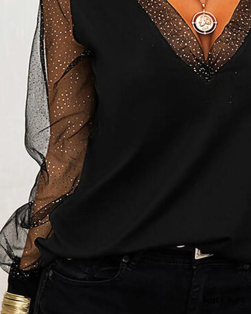 KatyKey - Chic and Sleek Contrast Mesh Long Sleeve Top