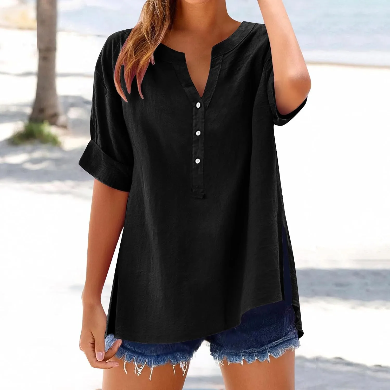 Linen Tops for Women 2025 Summer Button Down V Neck Shirts Casual Short Sleeve Loose Tshirt Cotton Linen Blouse Tees