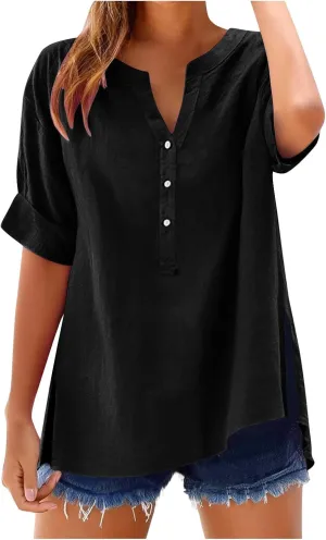 Linen Tops for Women 2025 Summer Button Down V Neck Shirts Casual Short Sleeve Loose Tshirt Cotton Linen Blouse Tees