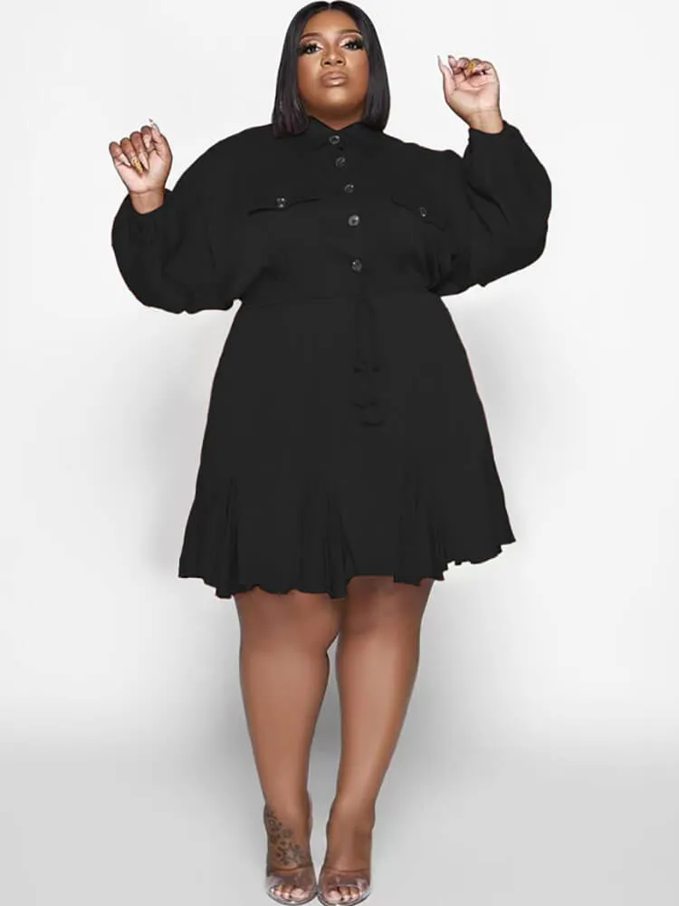 Long Sleeve Solid Color Ruffle Mini Dresses