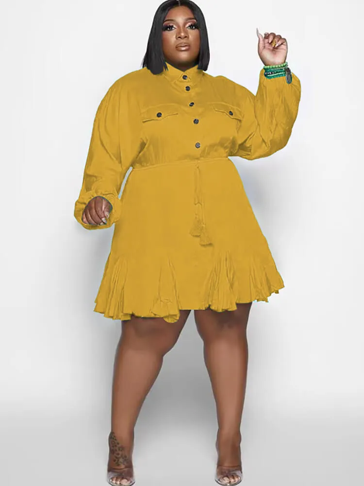 Long Sleeve Solid Color Ruffle Mini Dresses