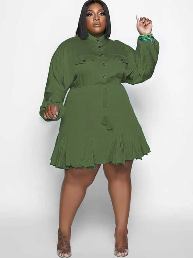 Long Sleeve Solid Color Ruffle Mini Dresses