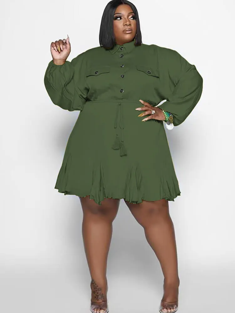 Long Sleeve Solid Color Ruffle Mini Dresses