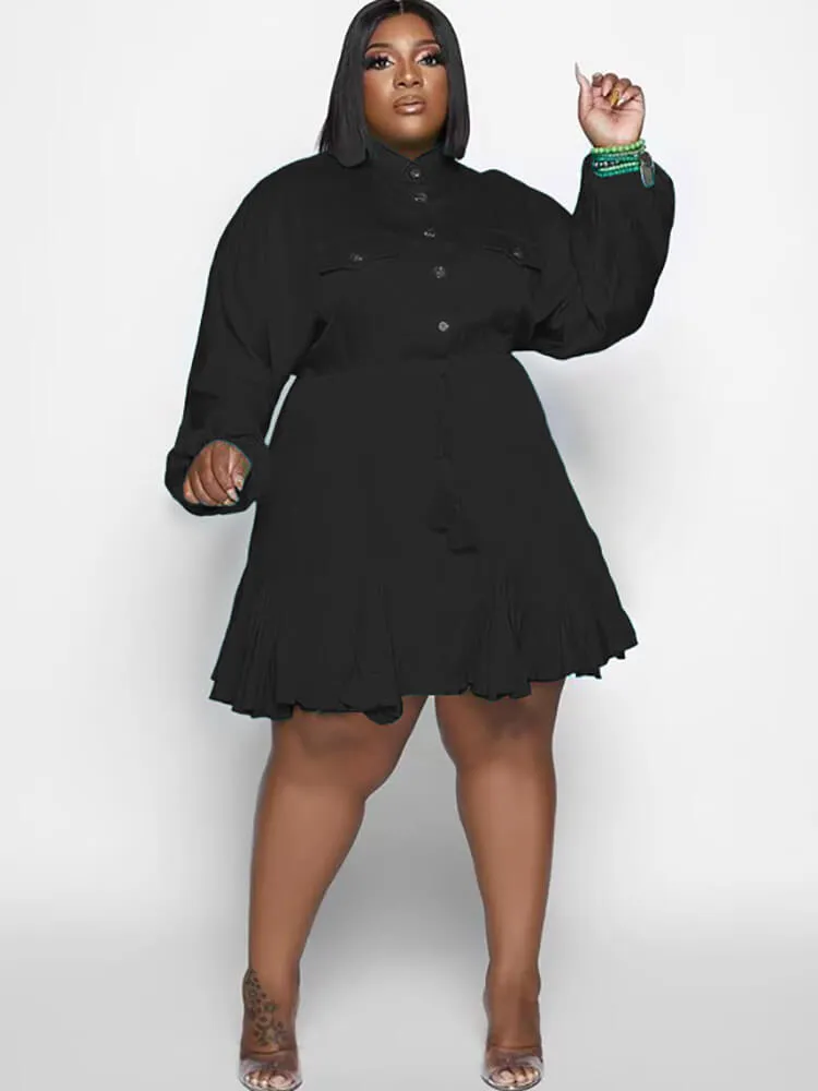 Long Sleeve Solid Color Ruffle Mini Dresses