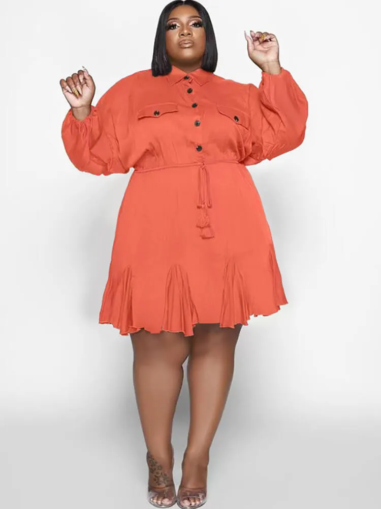 Long Sleeve Solid Color Ruffle Mini Dresses