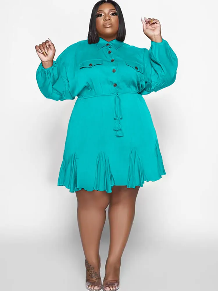 Long Sleeve Solid Color Ruffle Mini Dresses