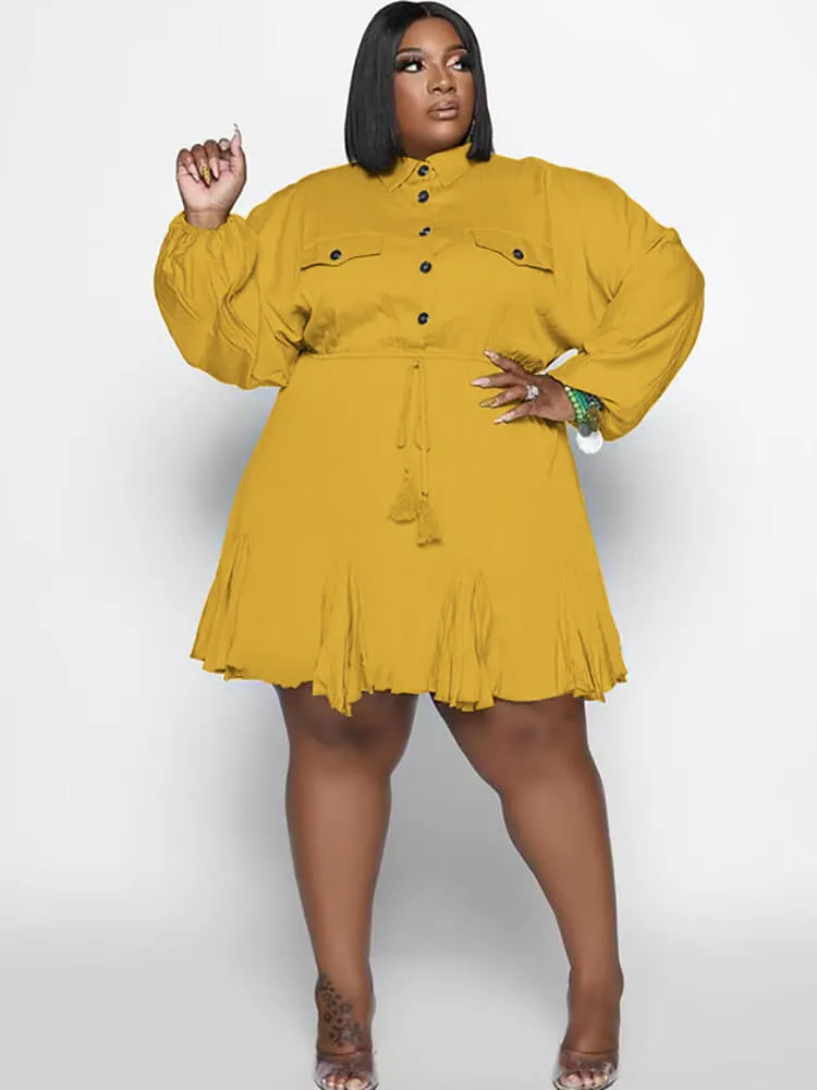 Long Sleeve Solid Color Ruffle Mini Dresses