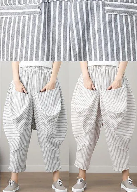 Natural Striped drop-crotch Cotton Linen  Pants Summer