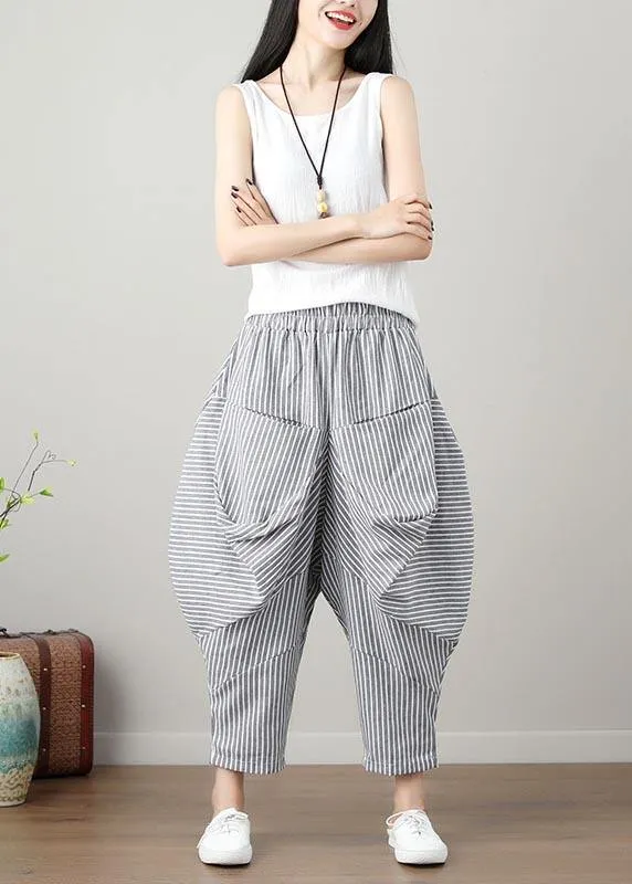 Natural Striped drop-crotch Cotton Linen  Pants Summer
