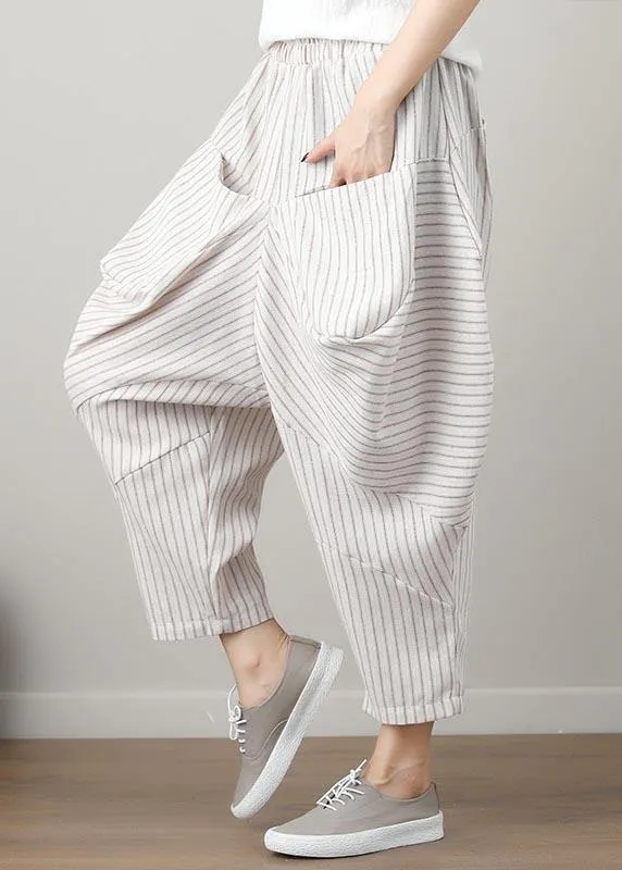Natural Striped drop-crotch Cotton Linen  Pants Summer