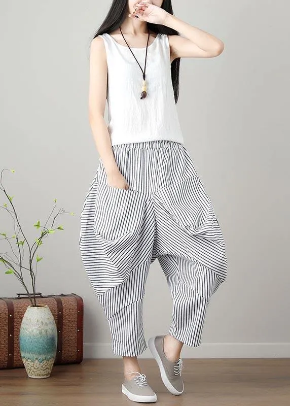 Natural Striped drop-crotch Cotton Linen  Pants Summer