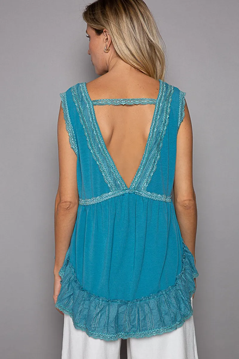 Ocean Teal Sleeveless Lace Trim Top
