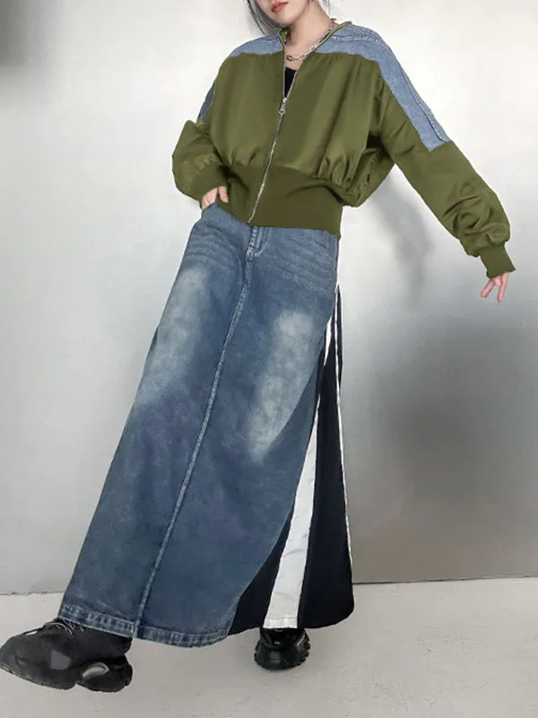 Pleated Split-Joint Zipper Long Sleeves Loose V-neck Outerwear Jackets