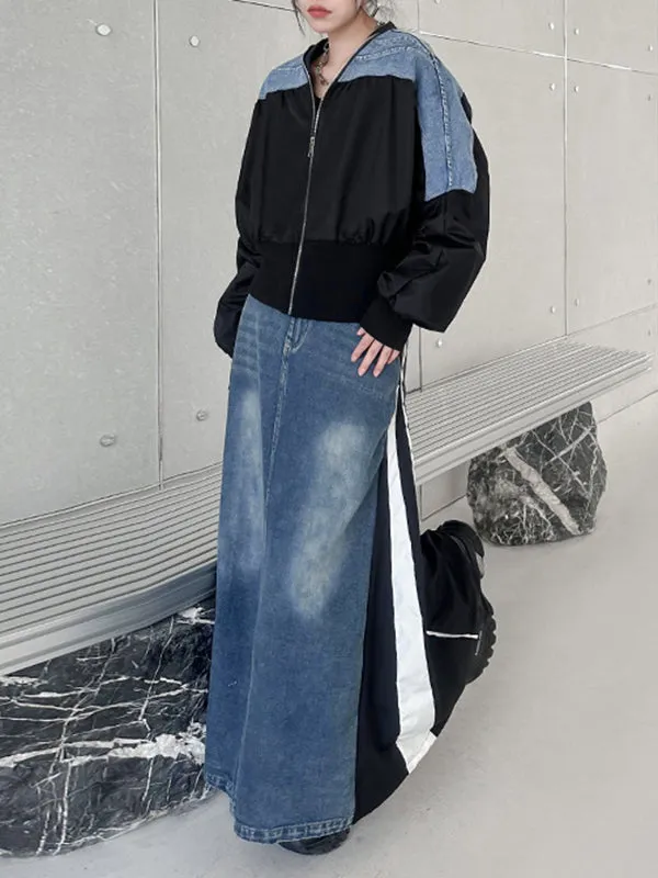 Pleated Split-Joint Zipper Long Sleeves Loose V-neck Outerwear Jackets