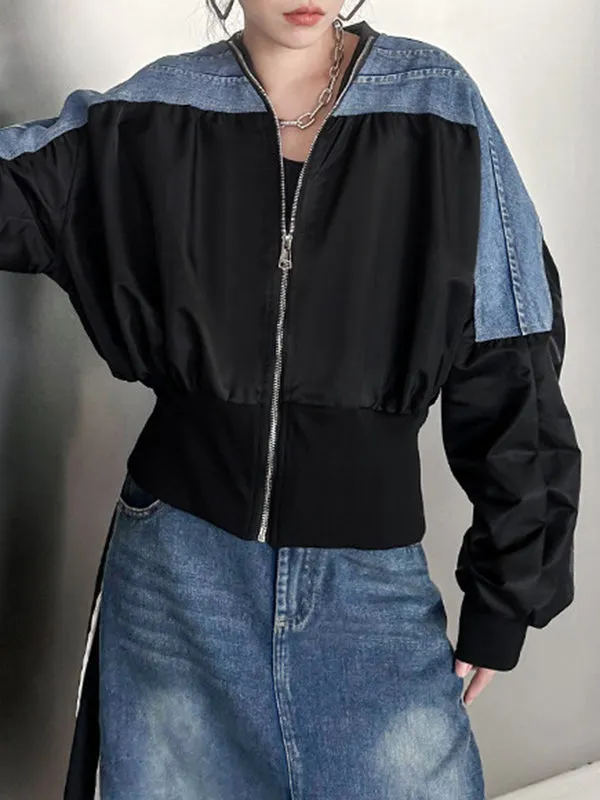 Pleated Split-Joint Zipper Long Sleeves Loose V-neck Outerwear Jackets