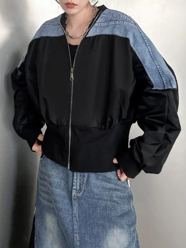 Pleated Split-Joint Zipper Long Sleeves Loose V-neck Outerwear Jackets
