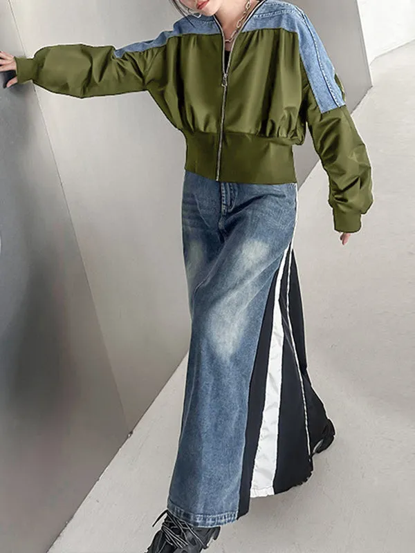 Pleated Split-Joint Zipper Long Sleeves Loose V-neck Outerwear Jackets