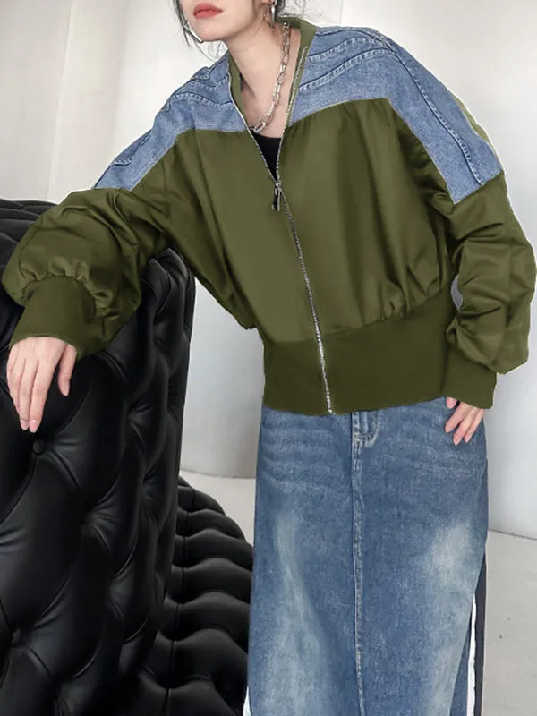Pleated Split-Joint Zipper Long Sleeves Loose V-neck Outerwear Jackets