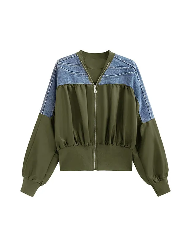 Pleated Split-Joint Zipper Long Sleeves Loose V-neck Outerwear Jackets