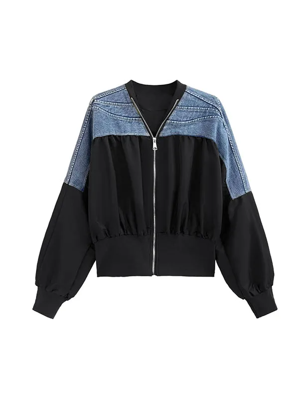 Pleated Split-Joint Zipper Long Sleeves Loose V-neck Outerwear Jackets