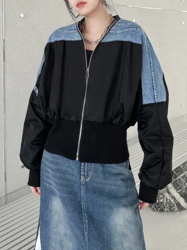 Pleated Split-Joint Zipper Long Sleeves Loose V-neck Outerwear Jackets