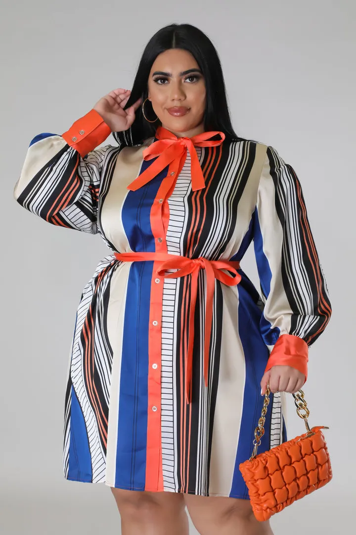 Plus Size Striped Self Tie Dress