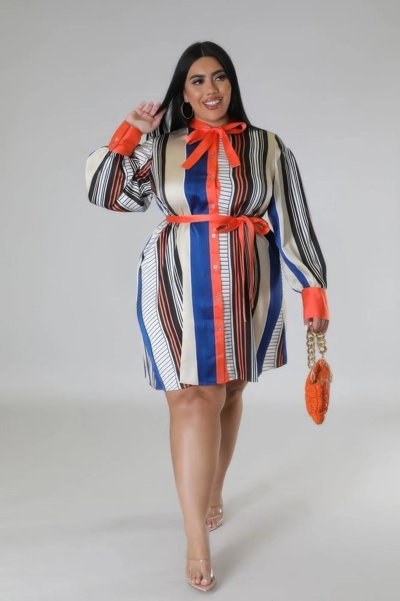 Plus Size Striped Self Tie Dress