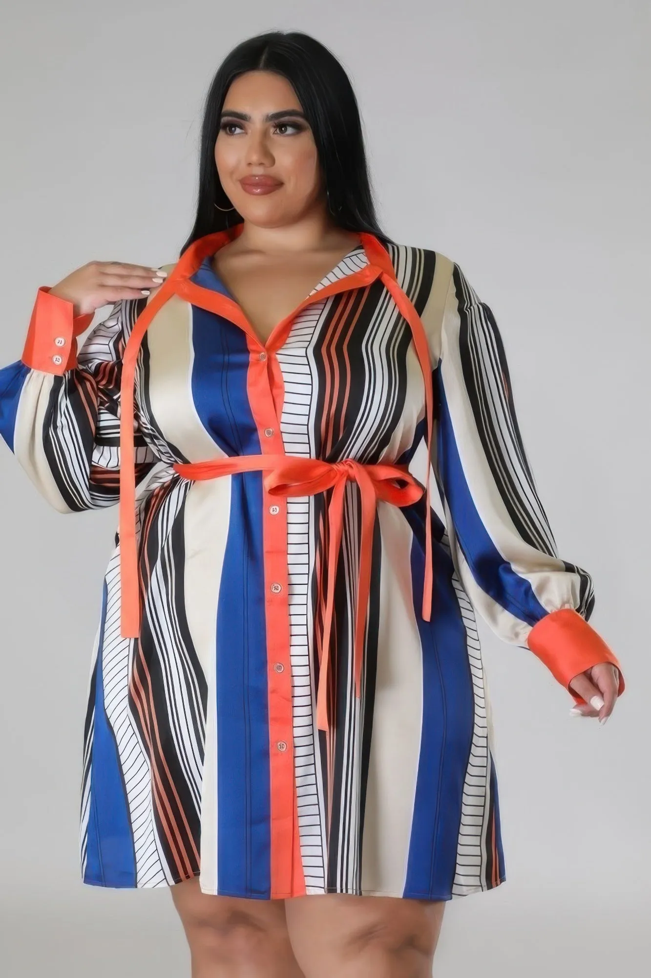 Plus Size Striped Self Tie Dress