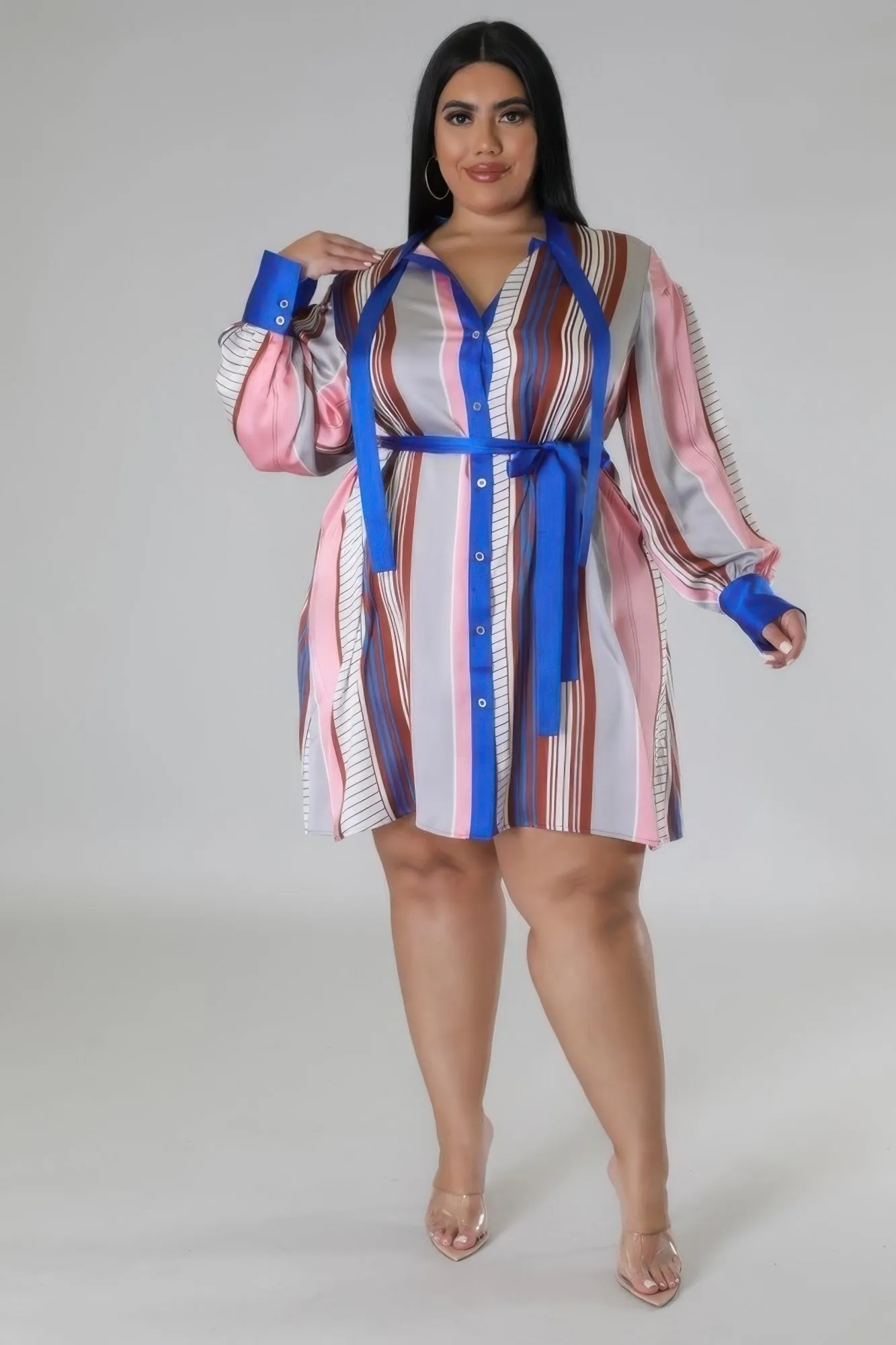 Plus Size Striped Self Tie Dress