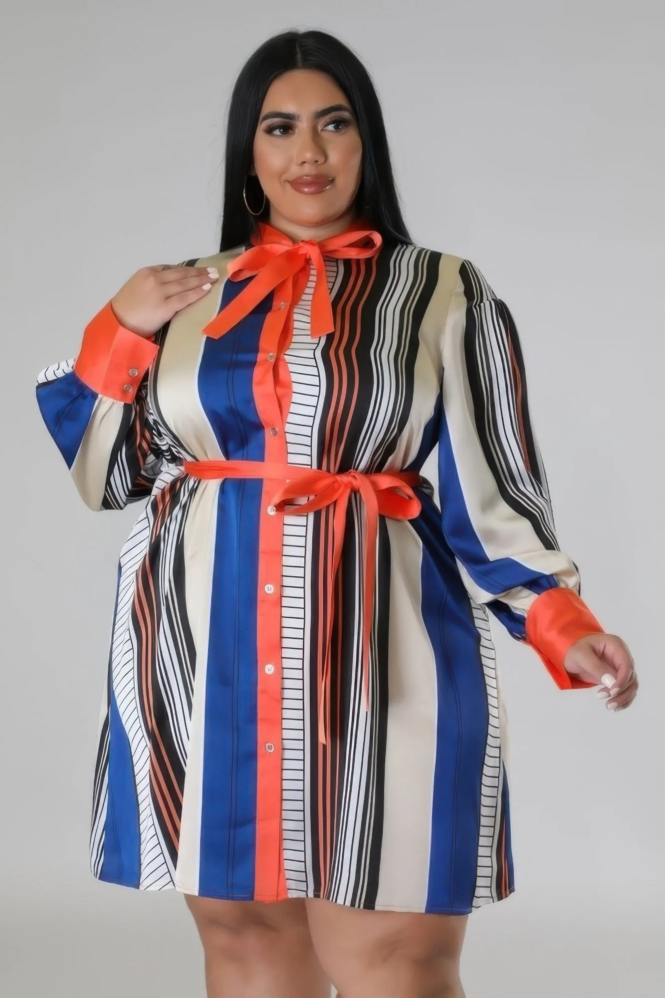 Plus Size Striped Self Tie Dress