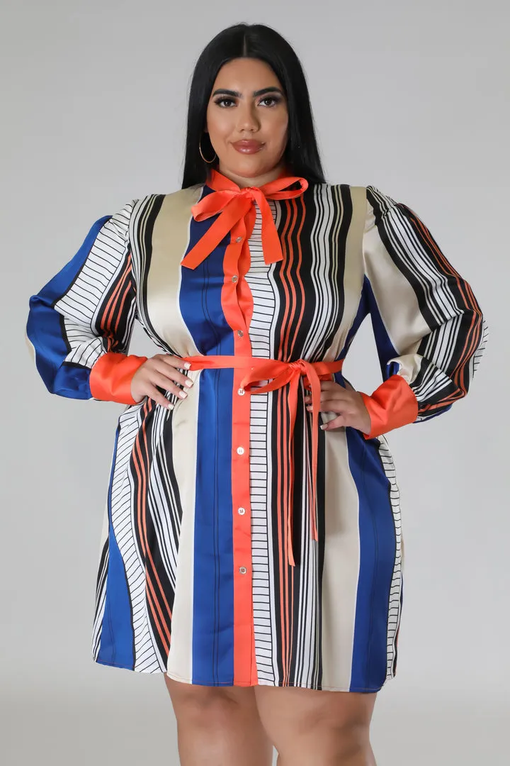 Plus Size Striped Self Tie Dress