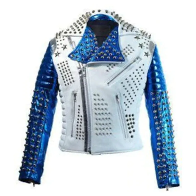 Purchase Best Sale White Blue Studded Leather Stylish Fashion Jacket For Men