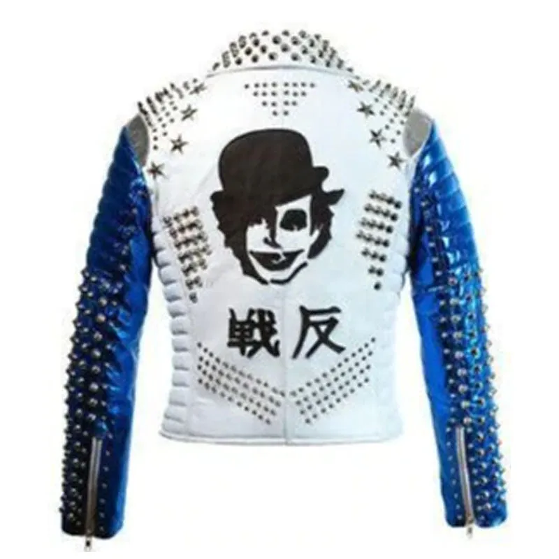 Purchase Best Sale White Blue Studded Leather Stylish Fashion Jacket For Men