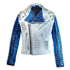Purchase Best Sale White Blue Studded Leather Stylish Fashion Jacket For Men