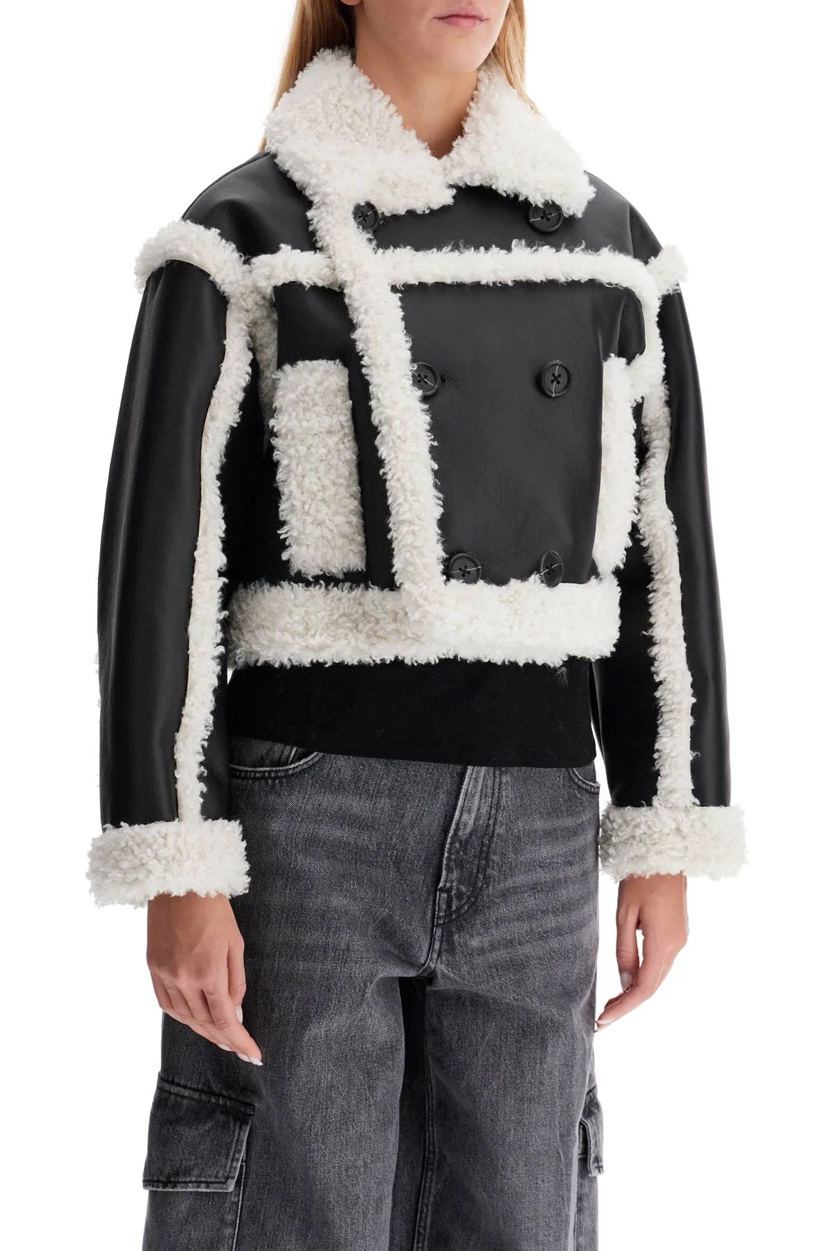"cropped faux leather jacket kristy 61090 9010 BLACK/OFF WHITE