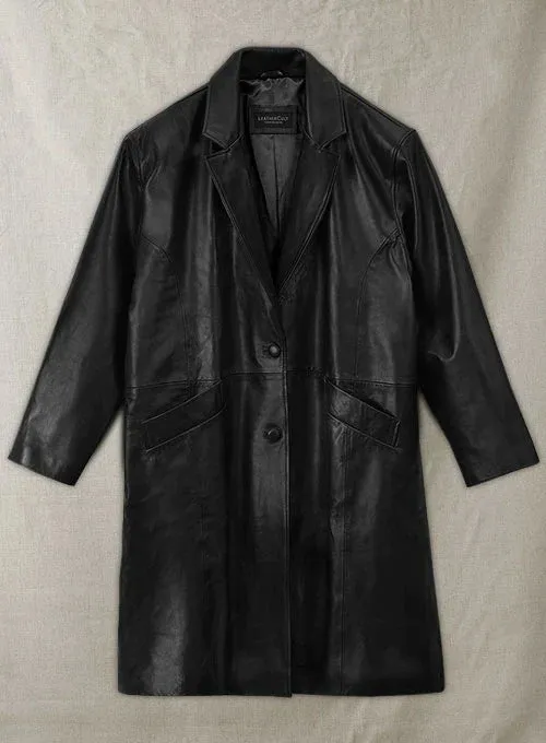 Stylish Black Leather Long Coat Worn by Ashley Roberts