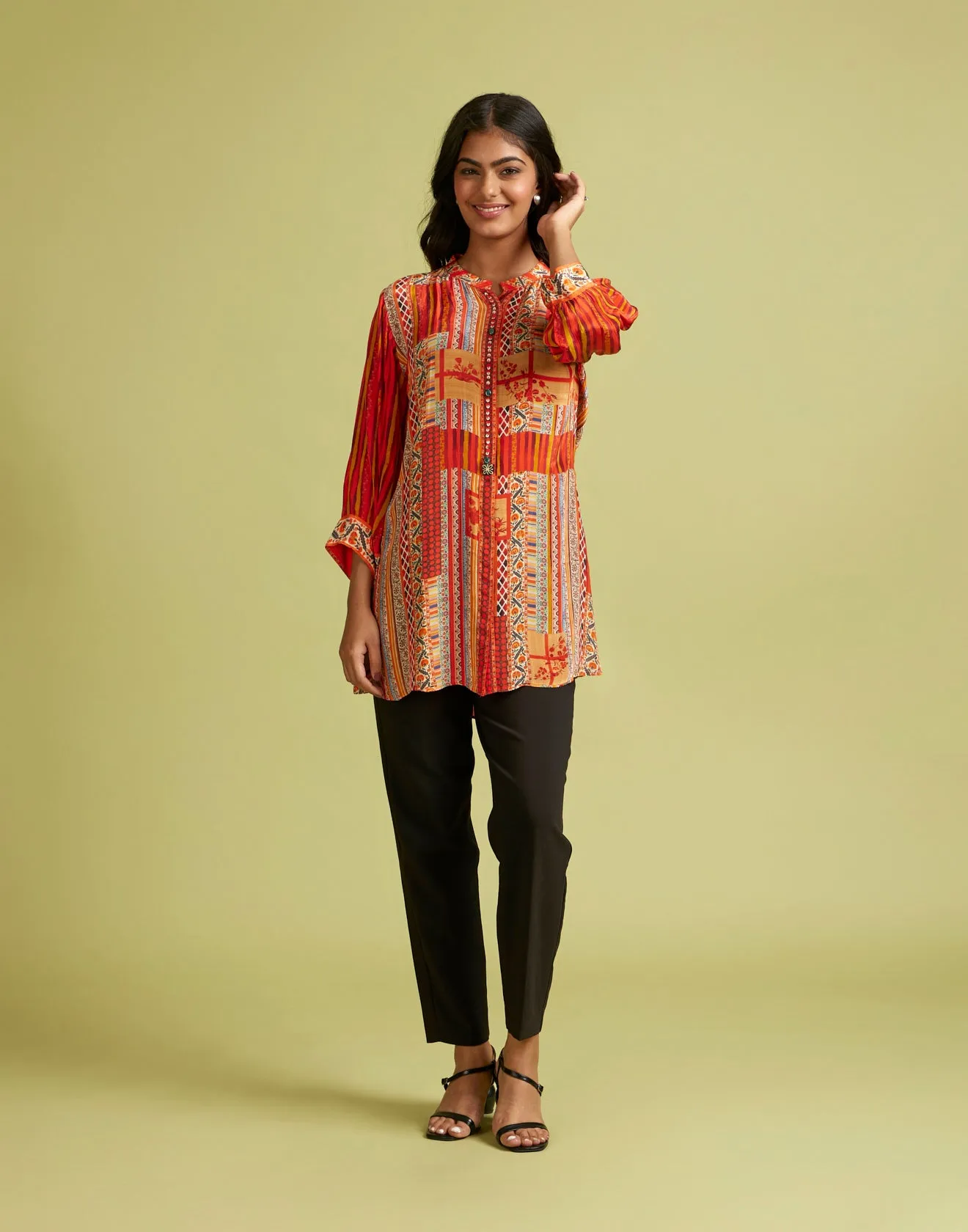 Summery Multi Hues Printed Crepe Tunic Top