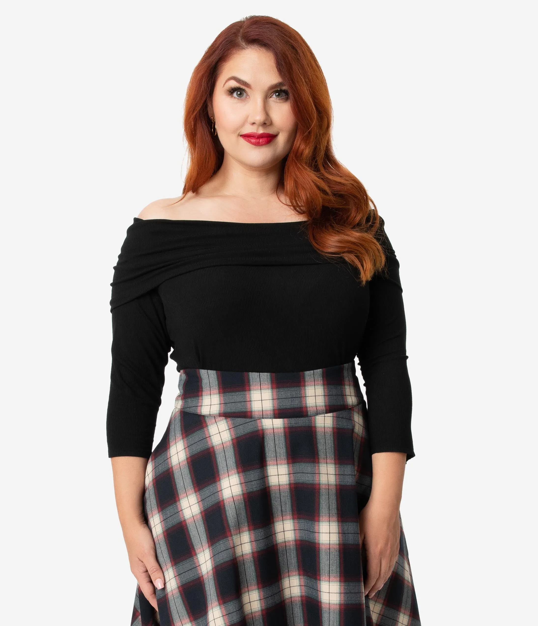 Unique Vintage Plus Size Black Ribbed Knit Off Shoulder Cowl Sleeved Nina Top